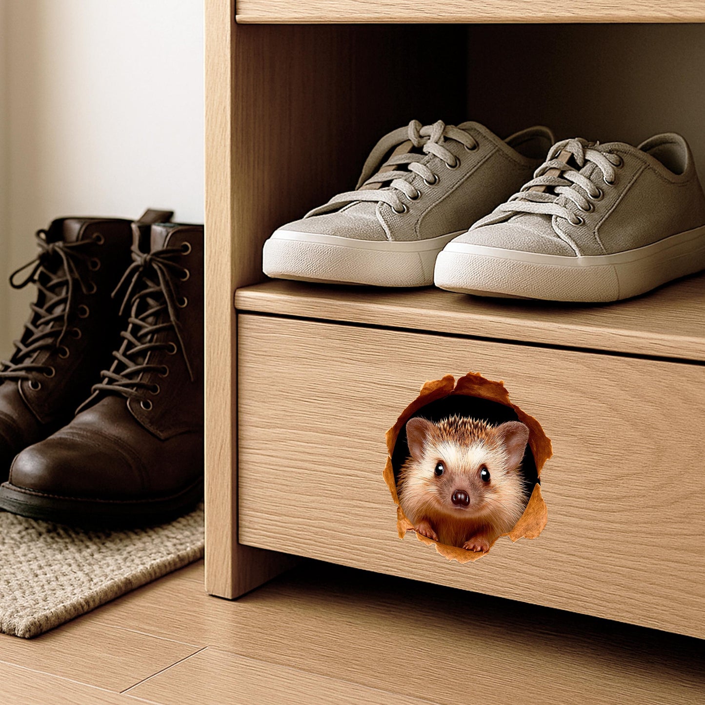 3D Hedgehog Wand Decal, Realistic Wildlife Vinyl Sticker, Niedlich Hedgehog Hole Kunst für Zuhause Aesthetic, Küche oder