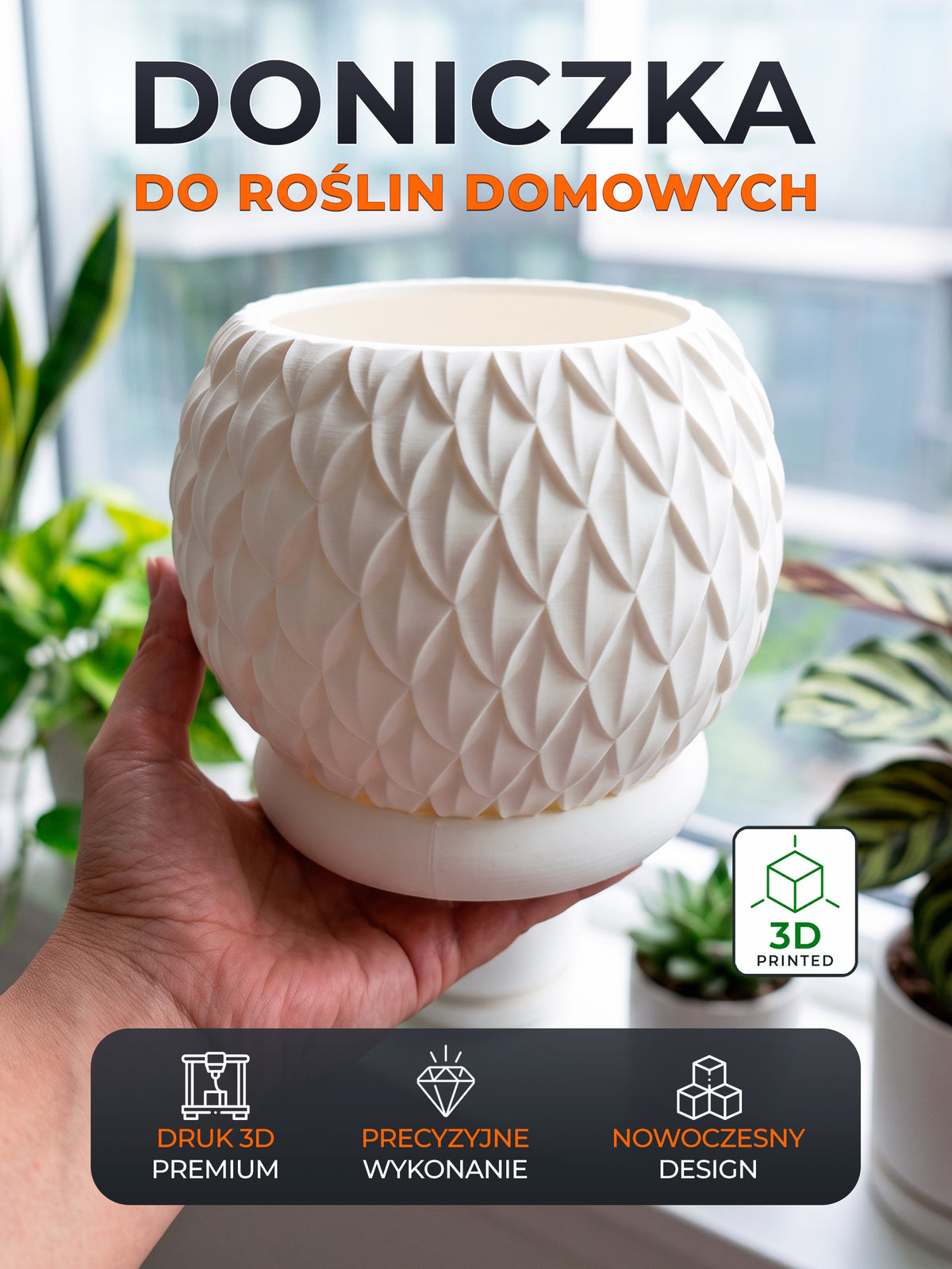 PRISMA M – Dekorativer 3D-Blumentopf mit Drainageloch und Untersetzer