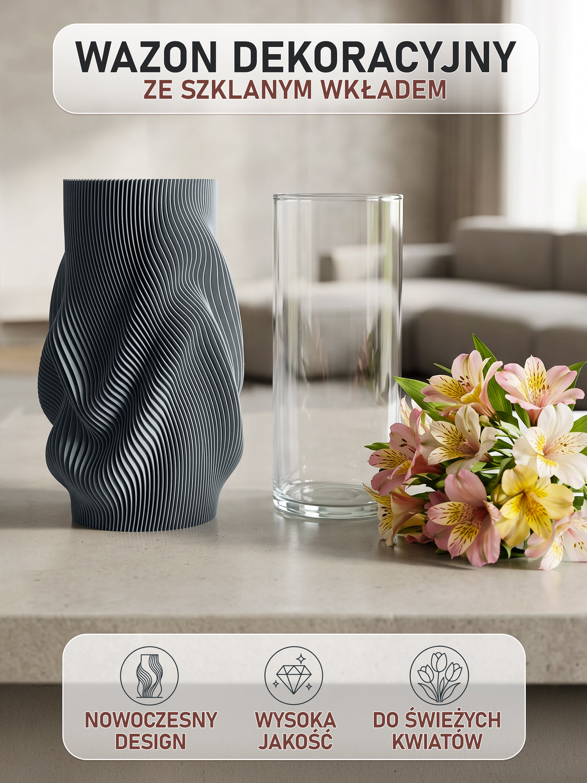 Modern Flower Vase with Glass Insert AQUA FLOW – 25 cm