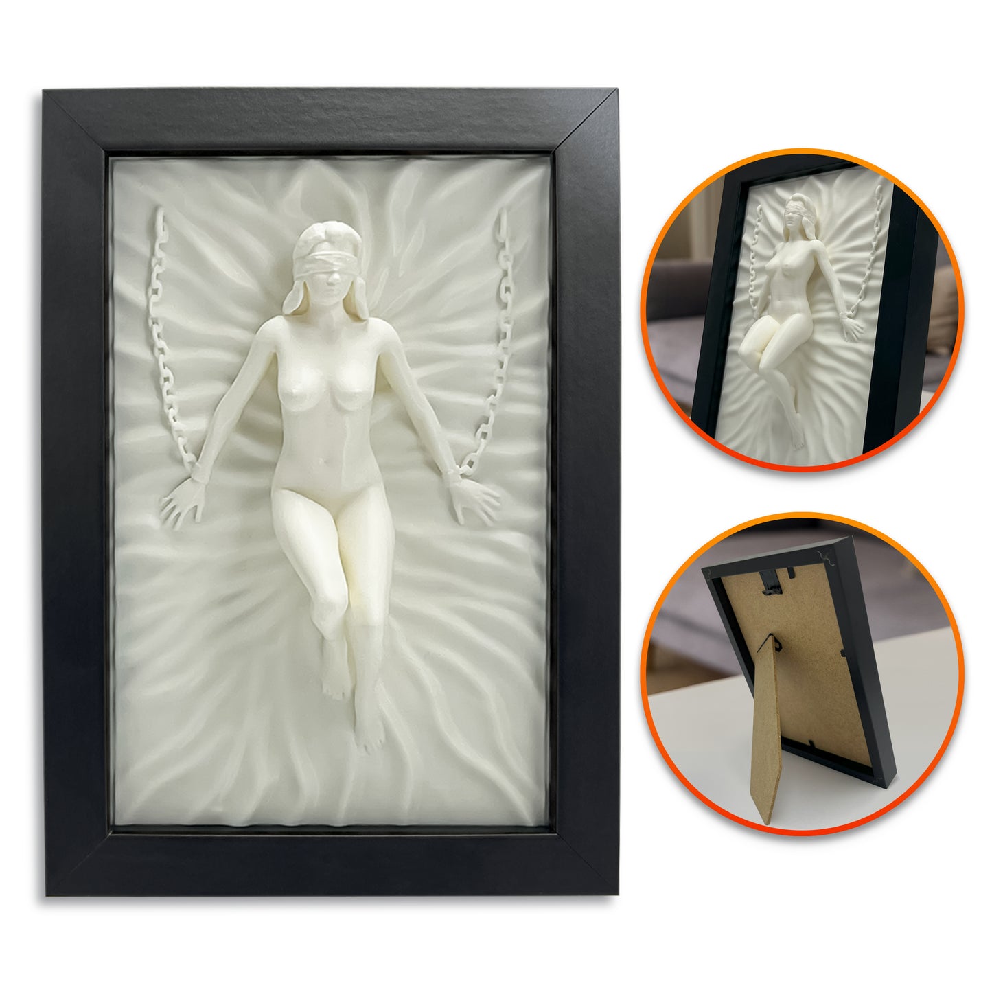 Rzeźba ścienna 3D w czarnej ramie — nowoczesna minimalistyczna sztuka do domu