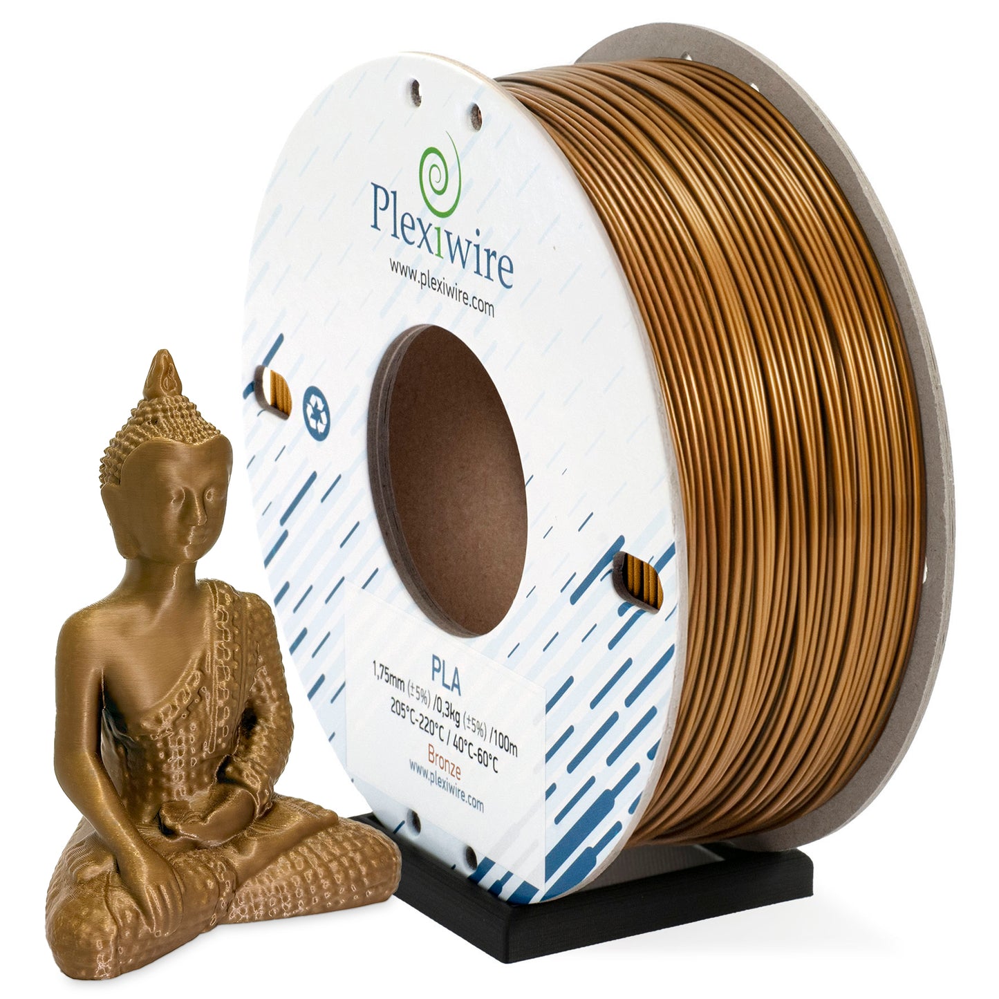 Bronze PLA filament Plexiwire 1.75 mm on a cardboard spool with a 3D-printed gold Buddha figurine