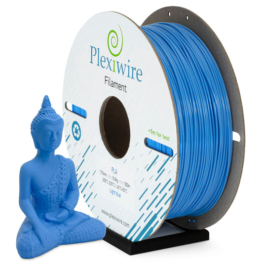 Light Blue PLA filament Plexiwire 1.75 mm on a cardboard spool with a 3D-printed gold Buddha figurine