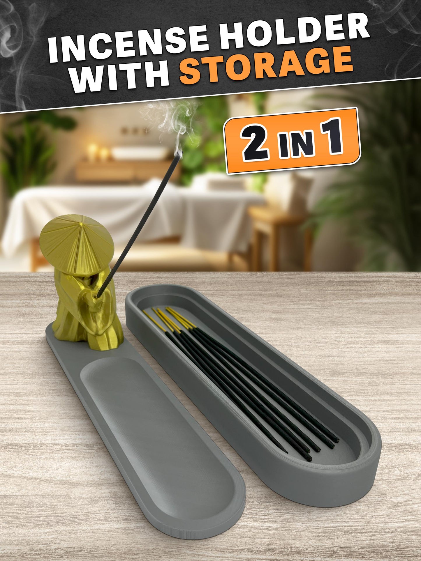Meditation Räucherstäbchenhalter mit Storage – 3D-gedruckt Monk Deko, Zen Yoga Incense Stick Burner, Entspannung und Zuhause