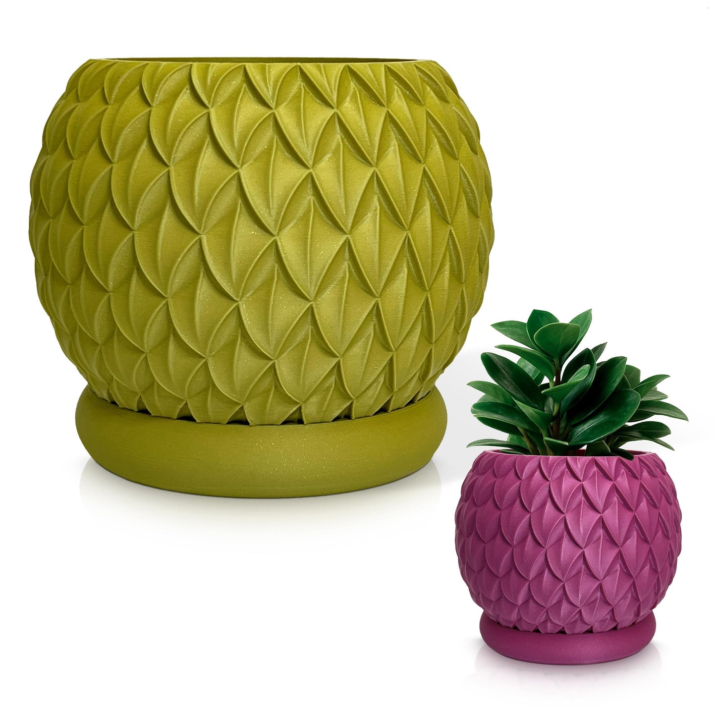 Strukturierter Pflanztopf in Magenta und Oliv mit Untersetzer – 3D-gedruckter Blumentopf