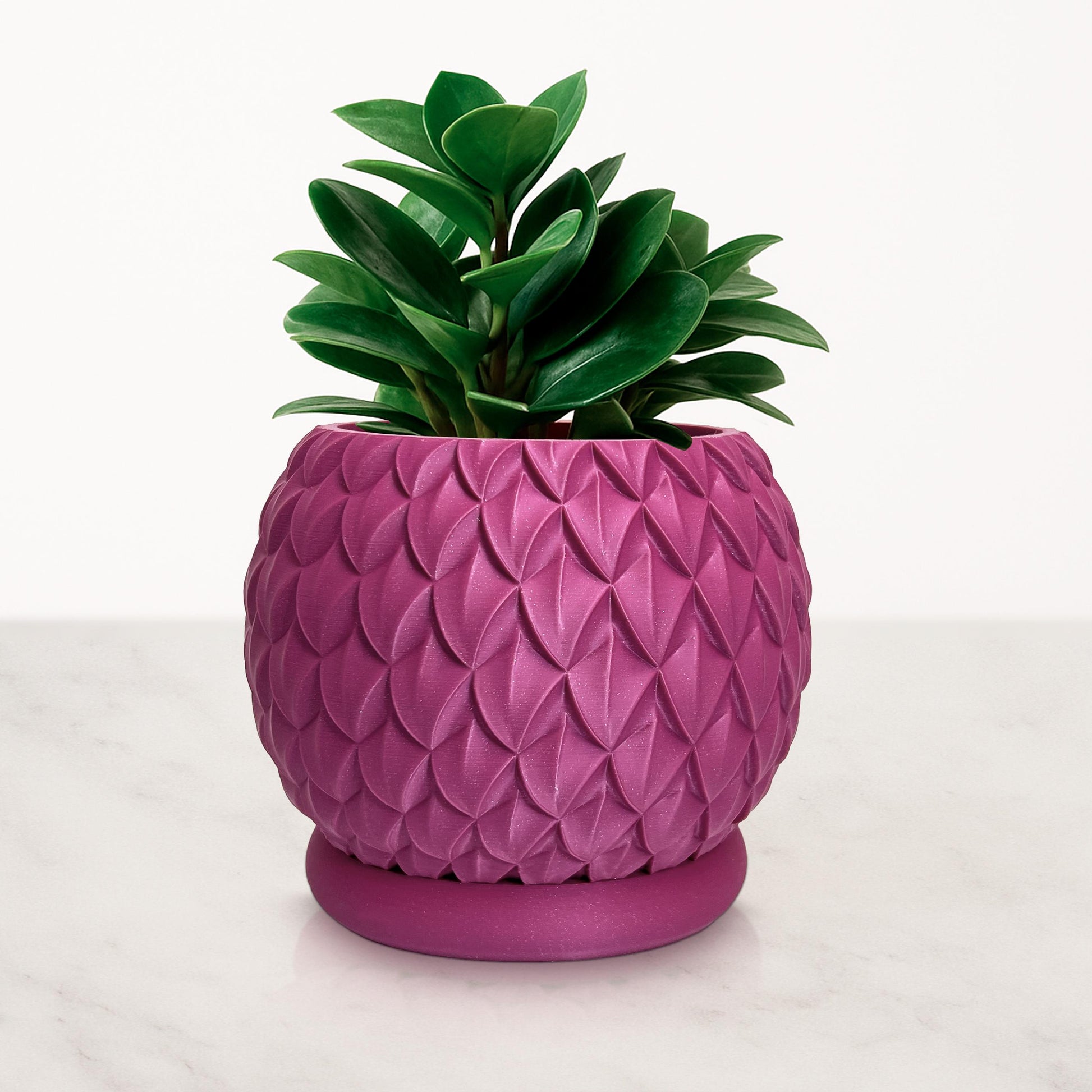 Strukturierter Pflanztopf in Magenta und Oliv mit Untersetzer – 3D-gedruckter Blumentopf