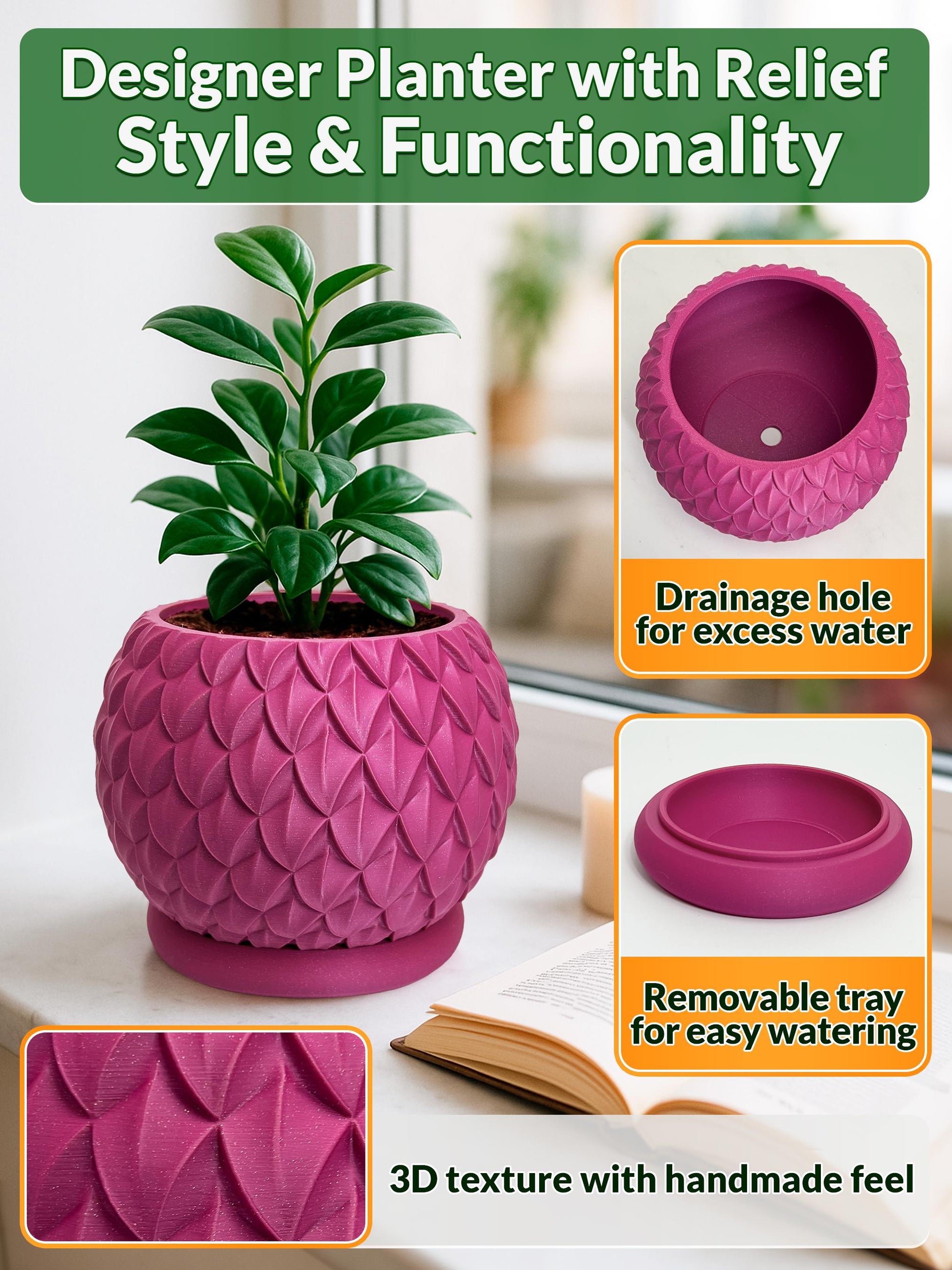 Strukturierter Pflanztopf in Magenta und Oliv mit Untersetzer – 3D-gedruckter Blumentopf